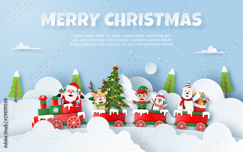 Origami Paper art of Christmas party on the train with Santa Claus, Copy Space, Merry Christmas and Happy New Year