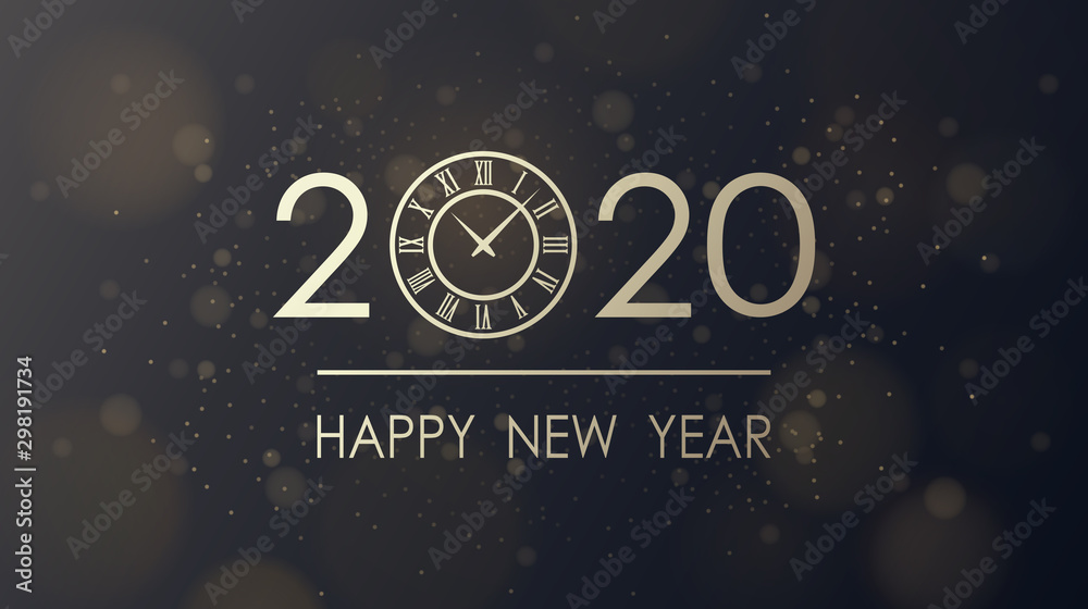 Naklejka premium Golden happy new year 2020 and clock face with glitter on black color background