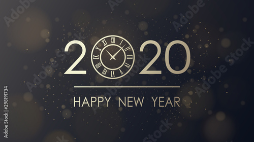 Golden happy new year 2020 and clock face with glitter on black color background