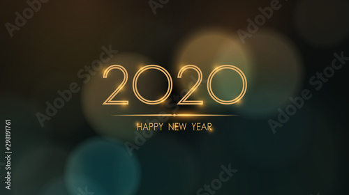 Glowing happy new year 2020 with abstract bokeh and lens flare pattern in vintage color style background