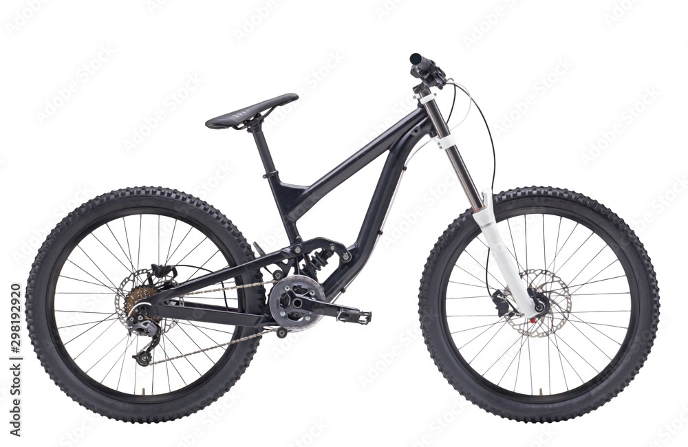 Isolated Downhill mountain bike With white Suspension Fork in White Background