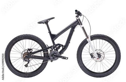 Isolated Downhill mountain bike With white Suspension Fork in White Background