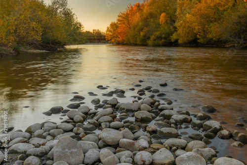 Landscape of the Boise river in Idaho in the fall. Green belt, Boise.