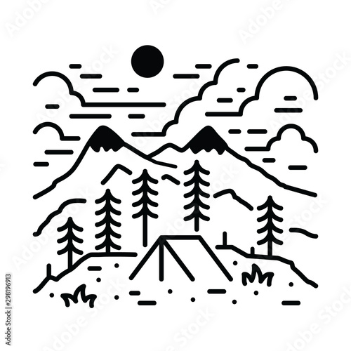 Nature Mountain Camping Hiking Line Graphic Illustration Vector Art T-shirt Design