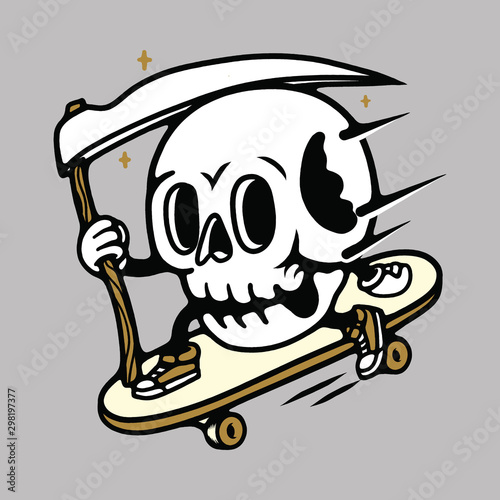 Skull Mascot Cartoon Skateboarding Graphic Illustration Vector Art T-shirt Design