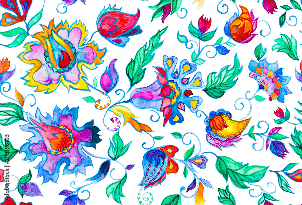 Watercolor hand painted paisley pattern. Whimsical flowers, leaves, brunches, paisley. Oriental illustration. Islam, Arabic, Indian, moroccan, spain, turkish, pakistan, chinese, mystic, ottoman motifs