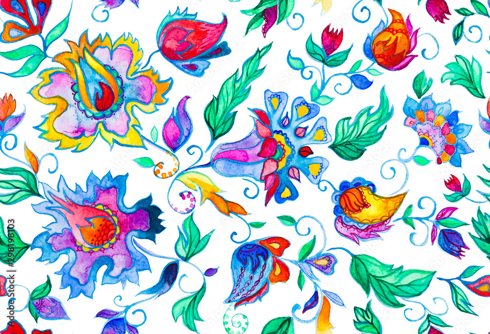 Watercolor hand painted paisley pattern. Whimsical flowers, leaves, brunches, paisley. Oriental illustration. Islam, Arabic, Indian, moroccan, spain, turkish, pakistan, chinese, mystic, ottoman motifs Watercolor hand painted paisley pattern. Whimsical flowers, leaves, brunches, paisley. Oriental illustration. Islam, Arabic, Indian, moroccan, spain, turkish, pakistan, chinese, mystic, ottoman motifs