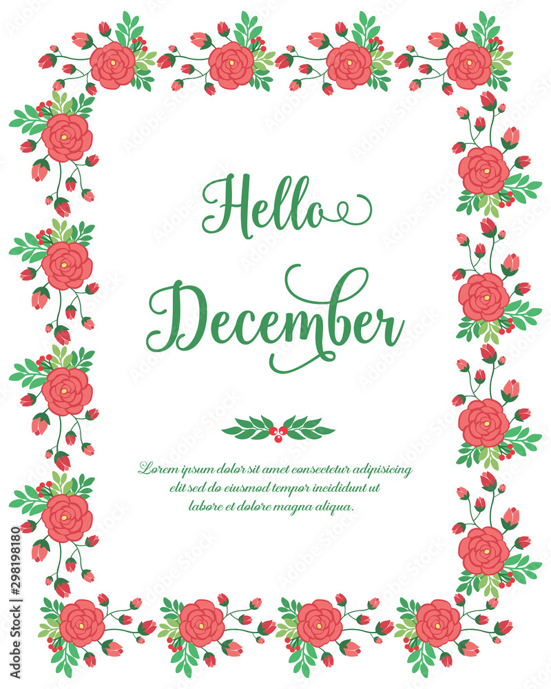 Various card hello december, with design style of red flower frame. Vector