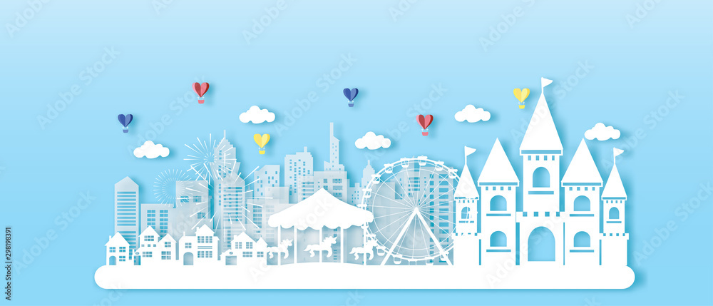 Cute castle town and city fairy tale in blue and paper cut style vector illustration