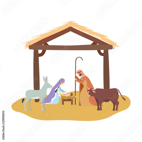 cute holy family and animals in stable manger characters