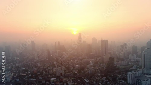 4K aerial drone footage of Bangkok skyline, Great sunset scene. Business city, view of Bangkok downtown, Flying over Bangkok, Thailand.