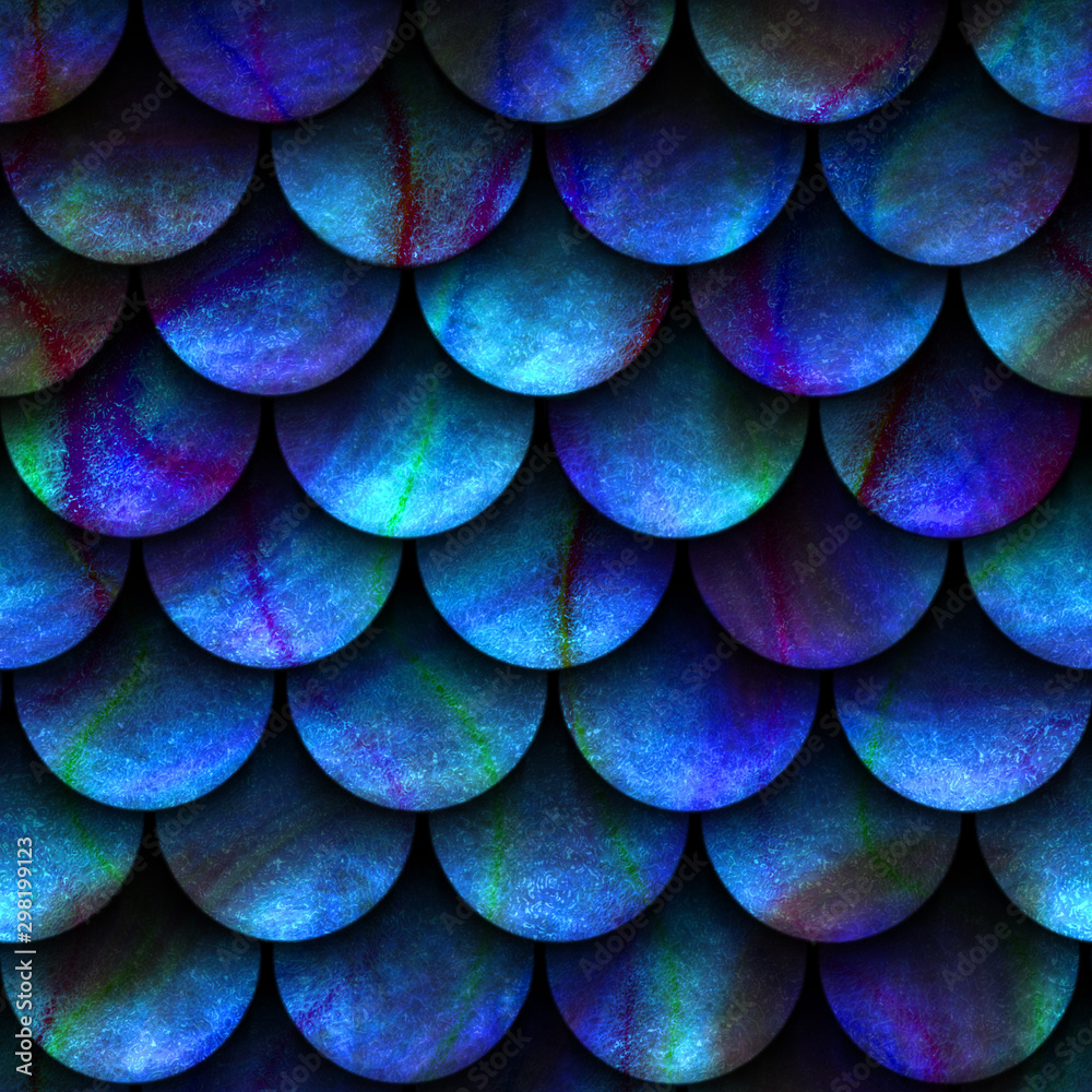 Seamless texture of fish scales, fish skin, rainbow color, 3d