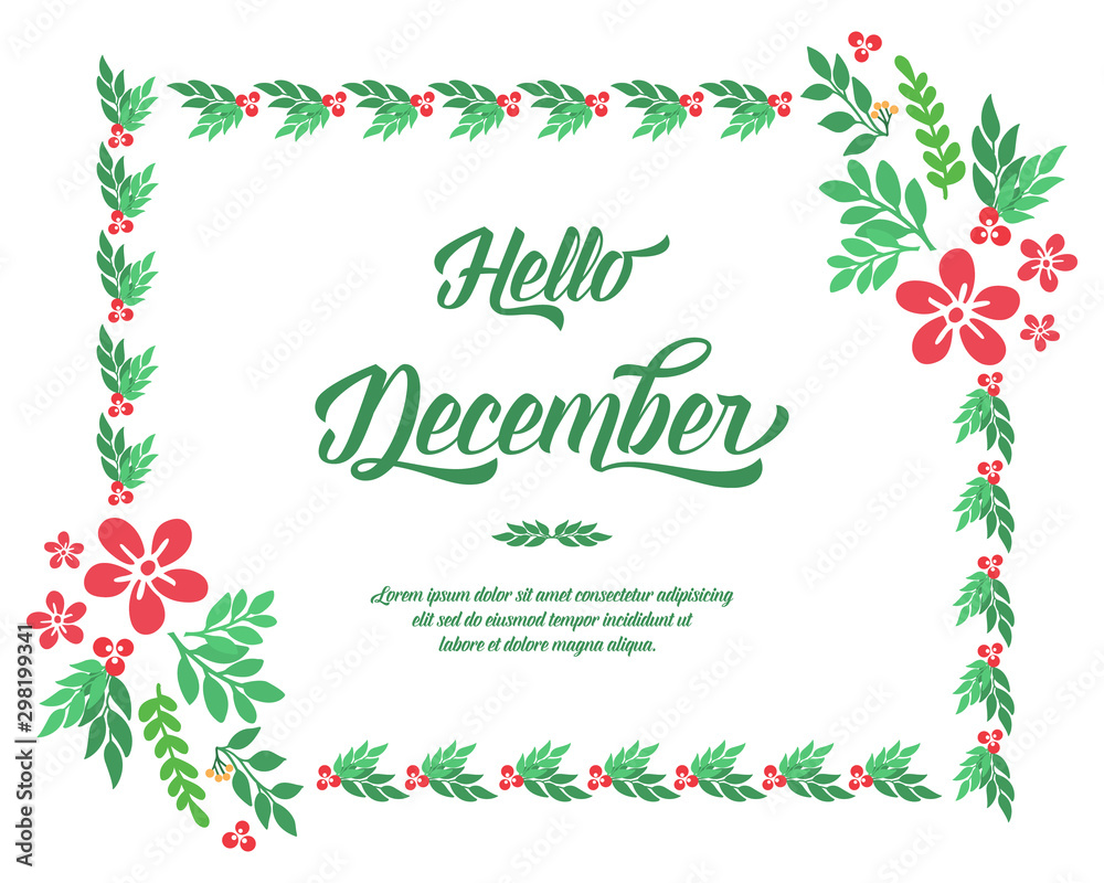Obraz premium Template for poster hello december, with cute green leafy floral frame. Vector