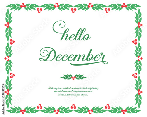 Template for poster hello december  with cute green leafy floral frame. Vector