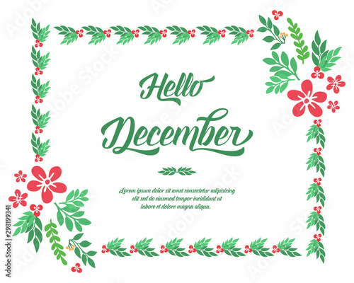 Template for poster hello december, with cute green leafy floral frame. Vector © StockFloral