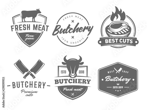 Butchery vector badges. BBQ, grill, meat, barbecue, steak logos. Retro emblems for steak house or grill bar.