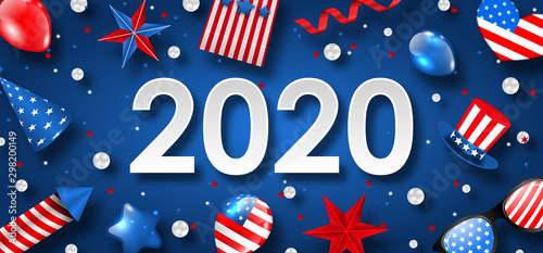 New Year 2020 with National Colors of USA American Flag. Voting Advertise
