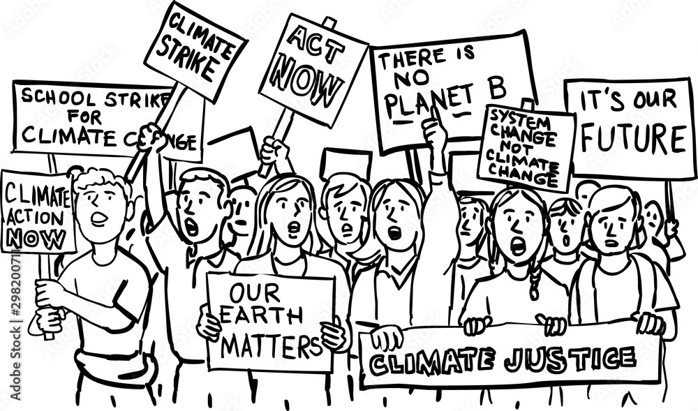 Young Students Protesting on Climate Change Drawing