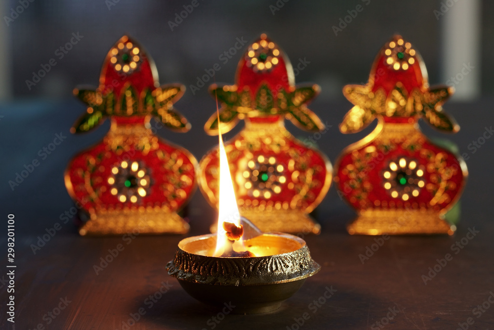 Metal Diyas lit up for the Indian Hindu festival of Diwal