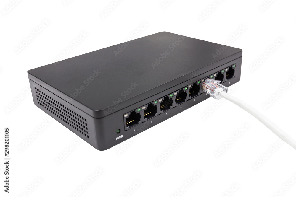 The blue network cables connect port switch on white table concept internet network connection The blue network cables connect port switch on white table concept internet network connection