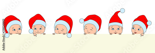 Set Christmas Children, Babies in Santa Hats. Boys and Girls with Clean Note