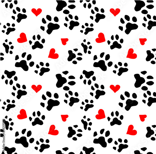 Dog paw cat paw heart love puppy feet print kitten Valentine vector seamless Wallpaper background.Vector illustration.