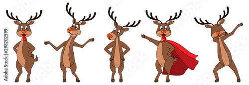 Set Cartoons Deers in Different Poses, Reindeers Characters
