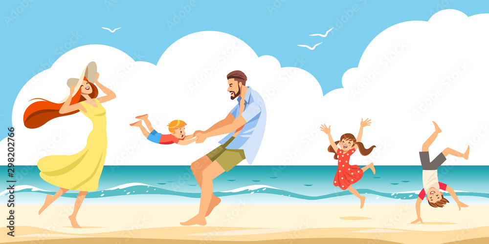 Good relations in family. The cheerful family taking a rest on a sandy shore in the seaside. Vector illustration.