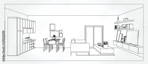 Linear sketch of an interior. Living room and bedroom drawing plan. Sketch Line sofa set. Vector illustration.outline sketch drawing perspective of a interior space.