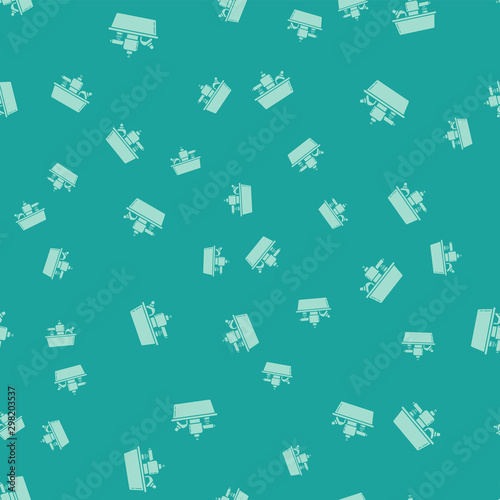 Green Plastic bottles for liquid laundry detergent, bleach, dishwashing liquid or another cleaning agent icon isolated seamless pattern on green background. Vector Illustration