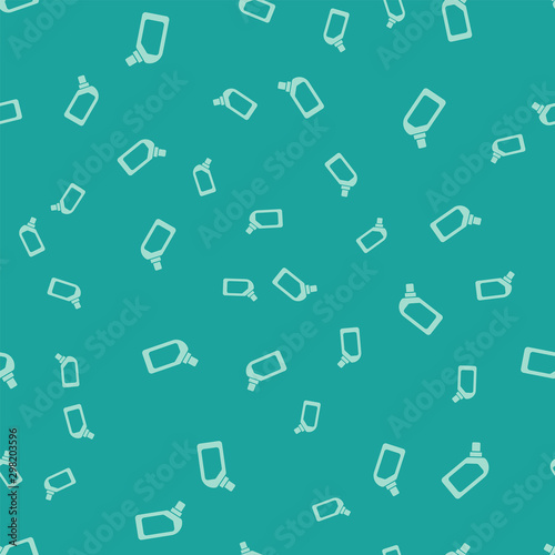 Green Plastic bottle for liquid laundry detergent, bleach, dishwashing liquid or another cleaning agent icon isolated seamless pattern on green background. Vector Illustration