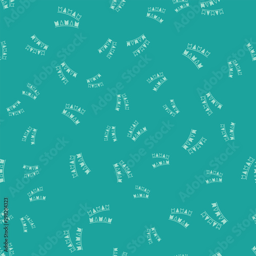 Green Carnival garland with flags icon isolated seamless pattern on green background. Party pennants for birthday celebration, festival and fair decoration. Vector Illustration