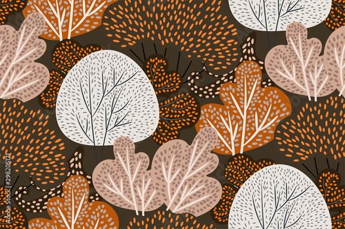 Seamless vector pattern with different kinds of trees on a dark background. Hand-drawn forest with imitation beading. Floral print, botanical wallpaper, fashion template in orange, brown color. Vector