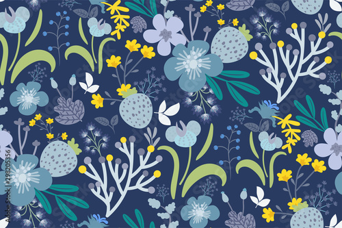 Seamless floral pattern in muted blue and yellow colors. Botanical print with different kinds of flowers, leaves, berries. Colorful hand drawn vector illustration.