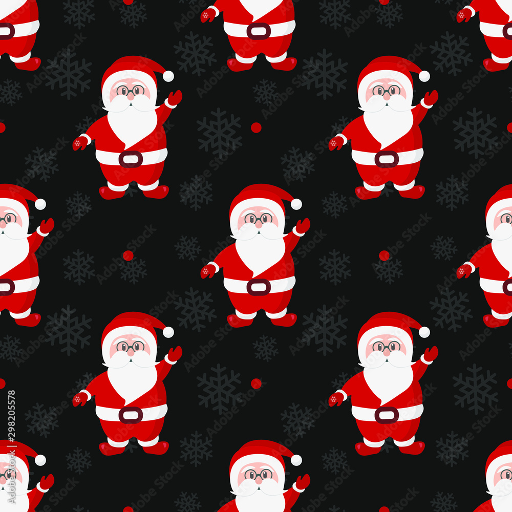 Vector seamless Christmas pattern with cute Santa Claus on black background. Holiday design for greeting card, gift box, wallpaper, fabric, textile, web design.