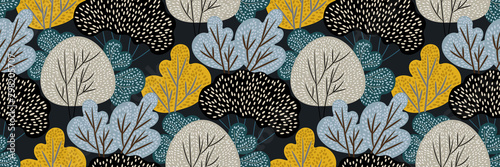 Abstract autumn forest on dark background. Vector seamless pattern with deciduous trees in hand drawn style. Colorful creative print, natural border, Wallpaper, fabric. Original modern vintage design. © Diana Sityaeva 
