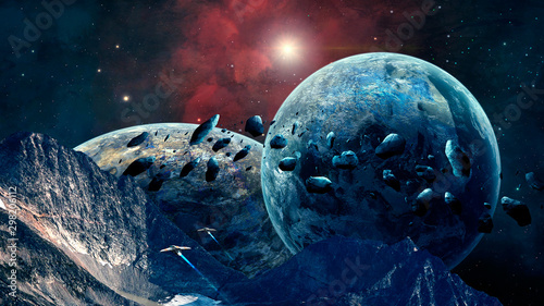 Space scene. Mountain with nebula, planet, asteroid and spaceship. Elements furnished by NASA. 3D rendering