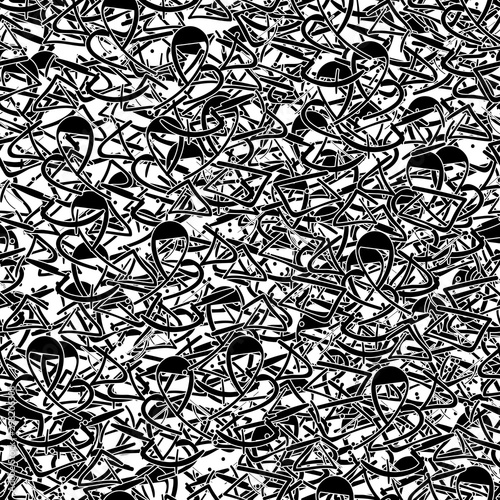 Seamless black and white grunge background. Abstract repeating texture of elements. Template to create your own design and print. Chaotic retro backdrop