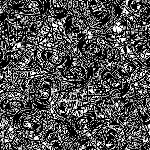 Seamless black and white grunge background. Abstract repeating texture of elements. Template to create your own design and print. Chaotic retro backdrop