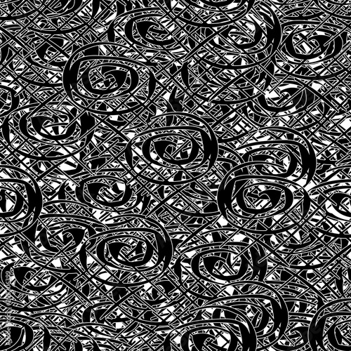 Seamless black and white grunge background. Abstract repeating texture of elements. Template to create your own design and print. Chaotic retro backdrop