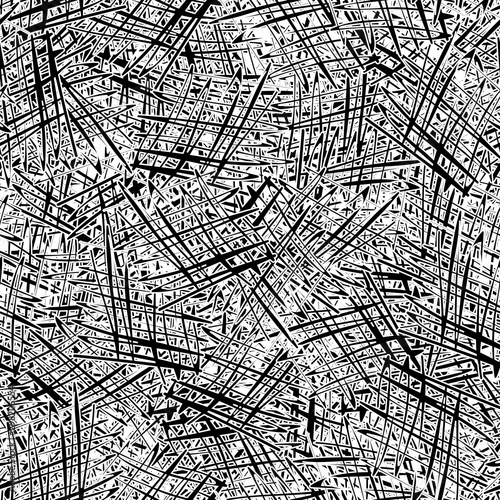 Seamless black and white grunge background. Abstract repeating texture of elements. Template to create your own design and print. Chaotic retro backdrop