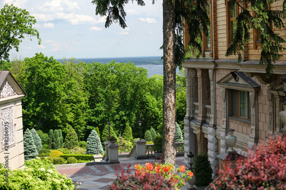 NOVI PETRIVTSI, UKRAINE - MAY 22, 2019: View of Honka club house in Mezhyhirya national park (estate of former president Viktor Yanukovych)