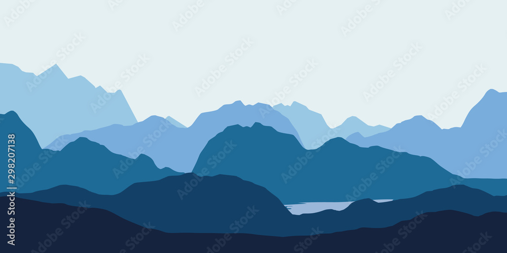Landscape with blue silhouettes of hills, mountains and lake