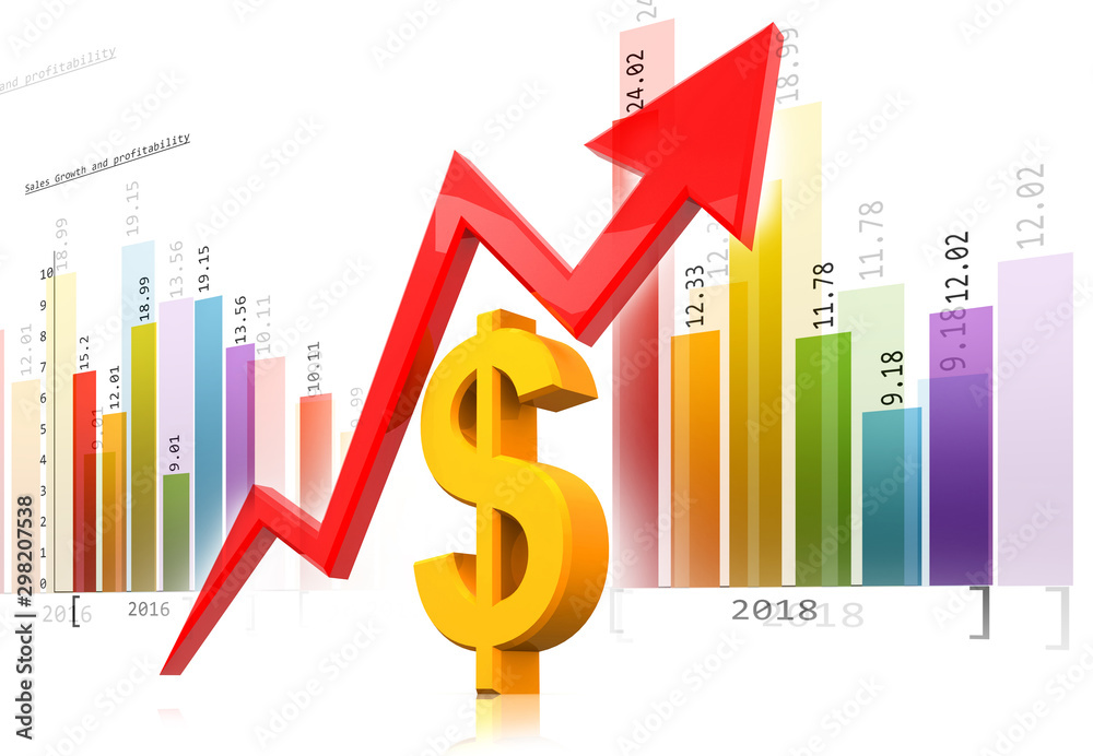 Digital graph chart of dollar growth. Arrow moving up over dollar sign. 3d illustration Digital graph chart of dollar growth. Arrow moving up over dollar sign. 3d illustration