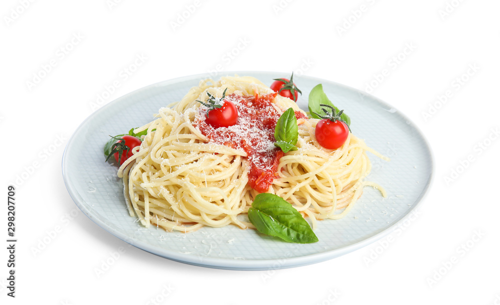 Tasty pasta with tomatoes, cheese and basil on white background Tasty pasta with tomatoes, cheese and basil on white background