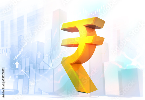 Indian rupee symbol over stock business background. 3d illustration. photo