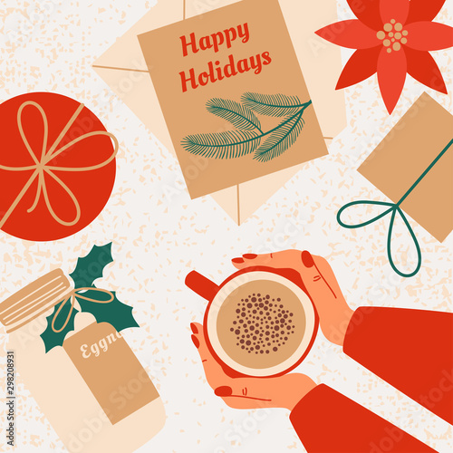 Christmas and New Year cozy composition with Human hands hold mug with eggnog surrounded by gifts, greeting cards with wishes Happy holidays, bottle with eggnog. Vector illustration top view