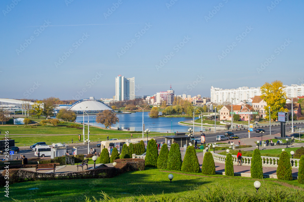 Fototapeta premium Landscape in the city of Minsk Nemiga Trinity Suburb.