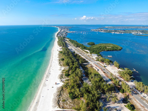 Aerial view of Anna Maria Island, white sand beaches and blue water, barrier island on Florida Gulf Coast. Manatee County. USA