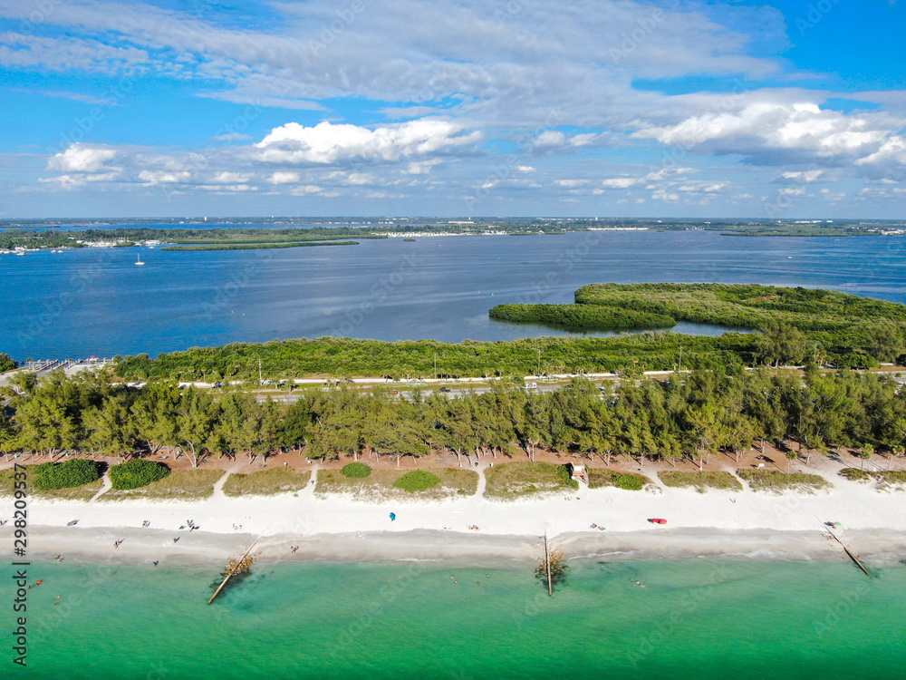Obraz premium Aerial view of Anna Maria Island, white sand beaches and blue water, barrier island on Florida Gulf Coast. Manatee County. USA